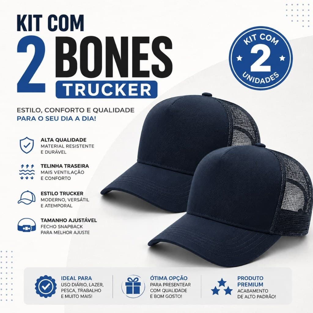 Kit 2 Bonés Trucker Tela Masculino Feminino Ajustável Aba Curva Liso Alta Qualidade