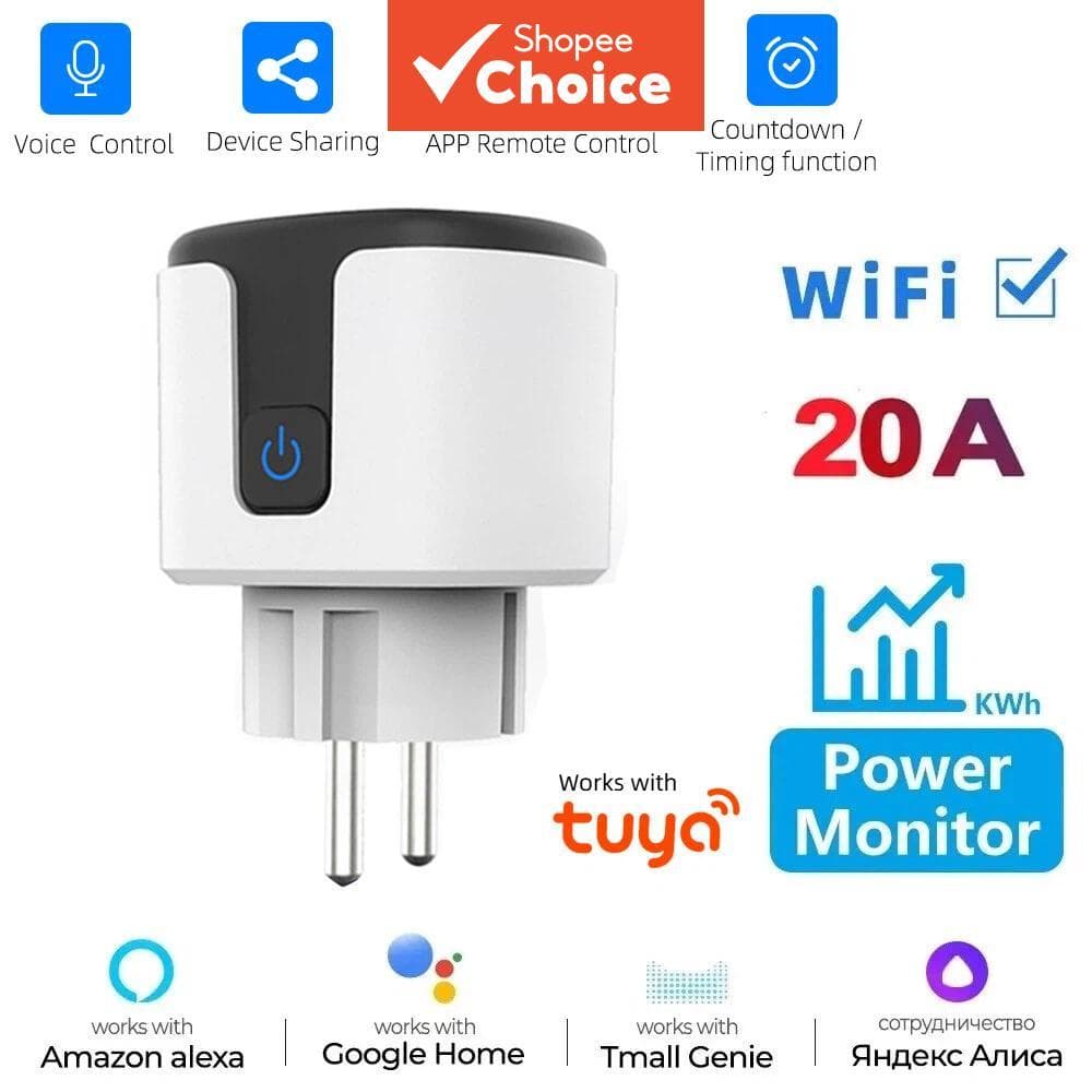 Para Tuya Ue Tomada Inteligente 20A WiFi Com Monitoramento De Energia Suporte Controle Sem Fio Funciona Alexa