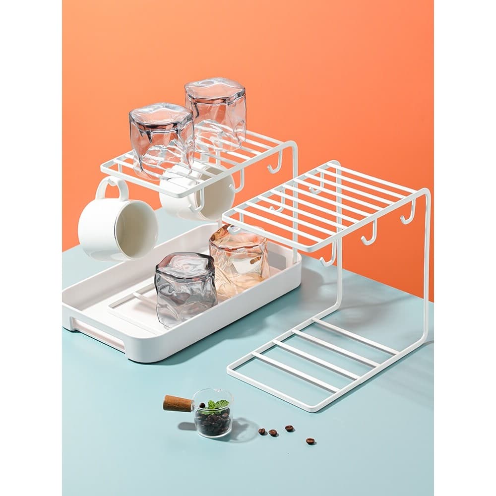 Suporte de copo de armazenamento de água em forma de C de arte em ferro com alça caneca prateleira dreno rack organizado