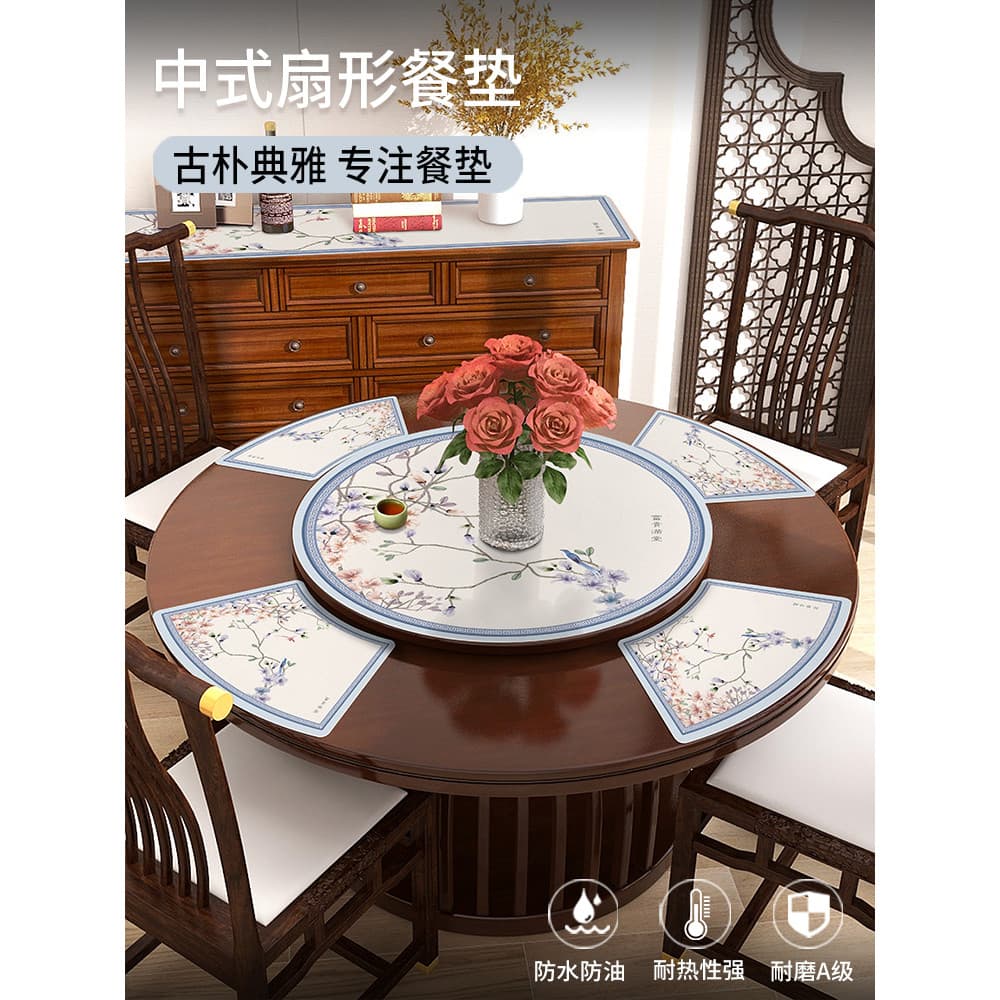 Mesa redonda estilo chinês em forma de leque Placemat com isolamento térmico Tapete de mesa de café de couro Tapete Anti