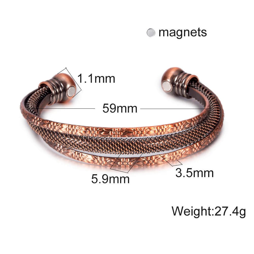 Pulseira de Cobre Puro Torcido de Moda Personalidade Magnética Vintage Flores Saúde Energia Ajustável Aberta para Homens