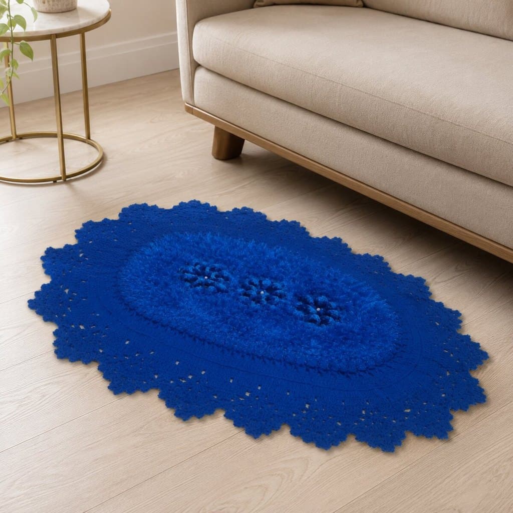 Tapete de Crochê Oval Azul Artesanal 90x63 sala quarto