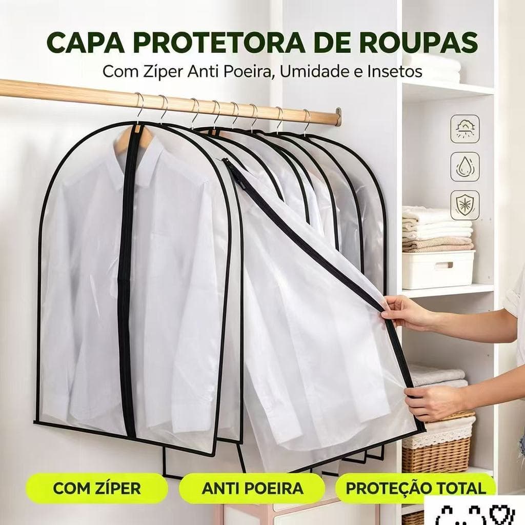 Capa Protetora de Roupas com Zíper, Anti Poeira, Anti Umidade e Proteção Contra Insetos para Guarda-Roupa