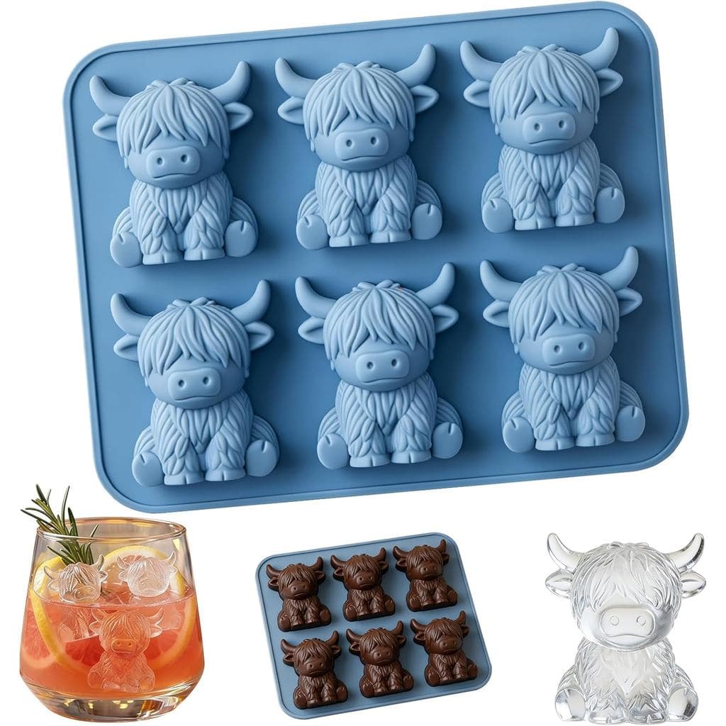 Forma de gelo em formato de mini vaca Highland, bandeja de gelo 3D fofa de vaca Highland, formas de gelo de silicone reu