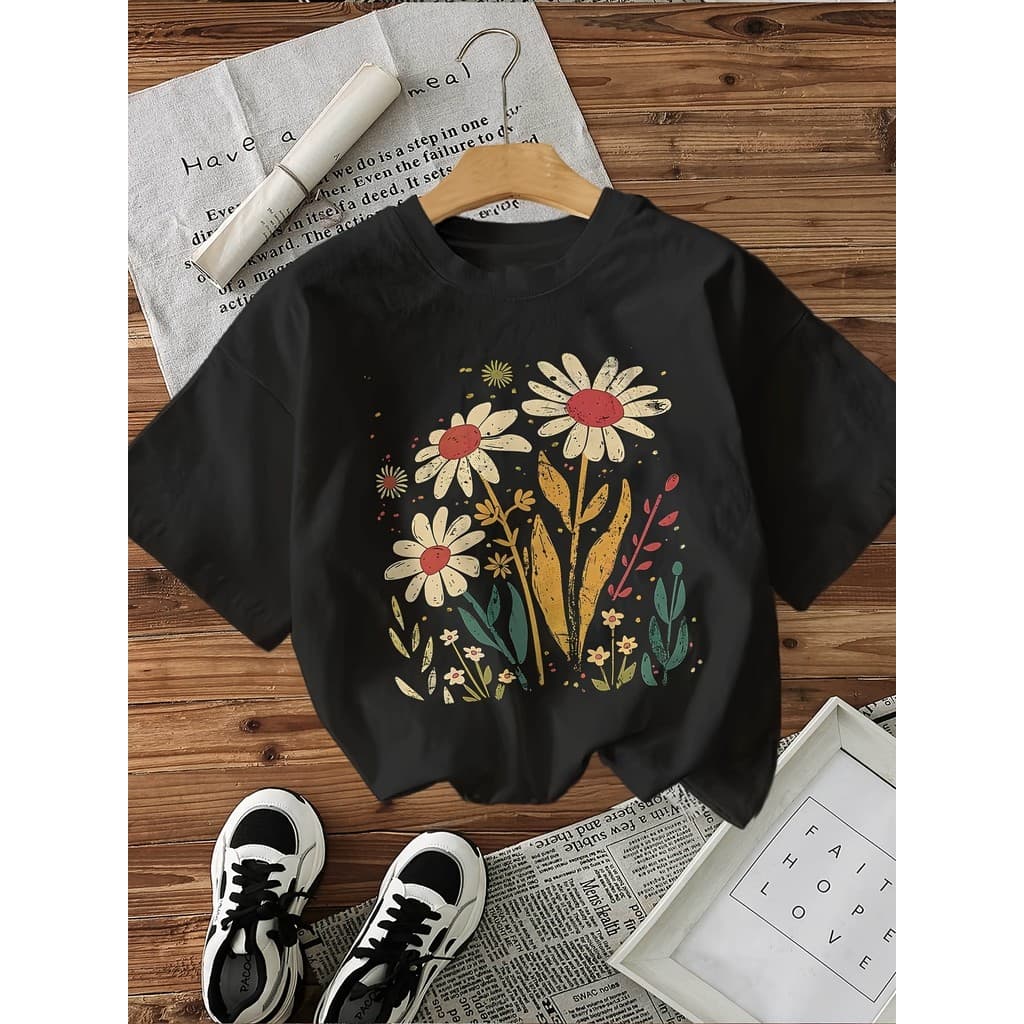Camiseta Feminina Plus Size Manga Curta Gola Redonda Estampada Flores Vibrantes 100% Algodão Estilosa Blogueira