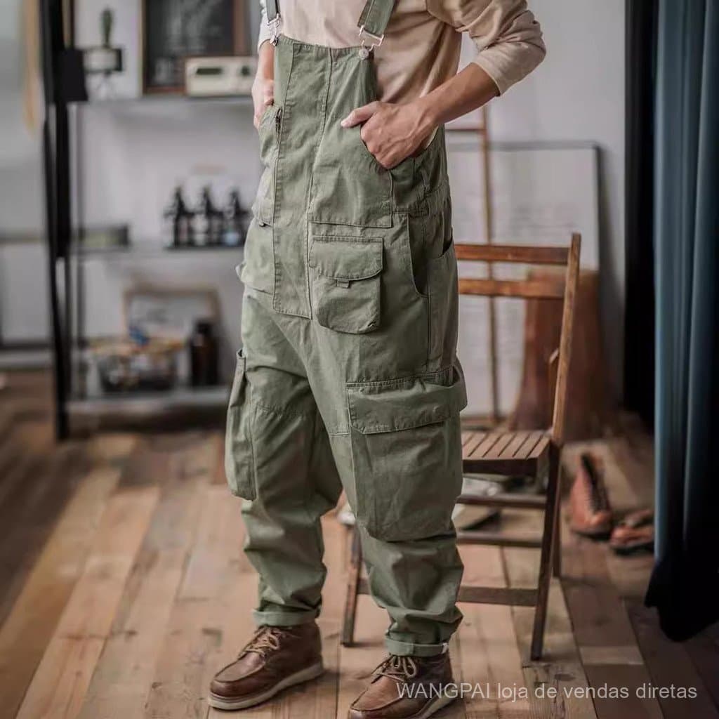 Macacão Masculino de Cor Sólida com Design Invertido, Estilo Americano Retro Amekaji, Corte Solto