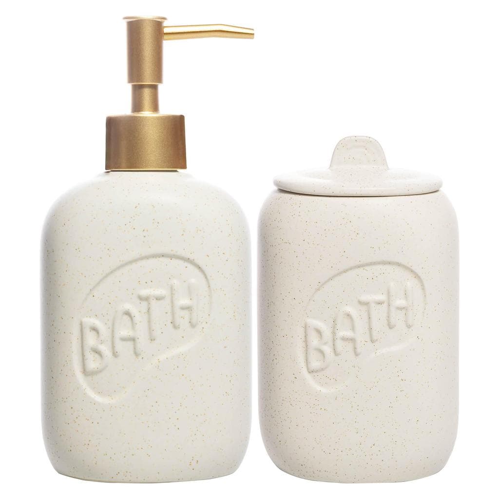 Kit Banheiro Lavabo Cerâmica Lyor Letters 2 Peças Porta Sabonete Líquido 450ml Porta Objetos