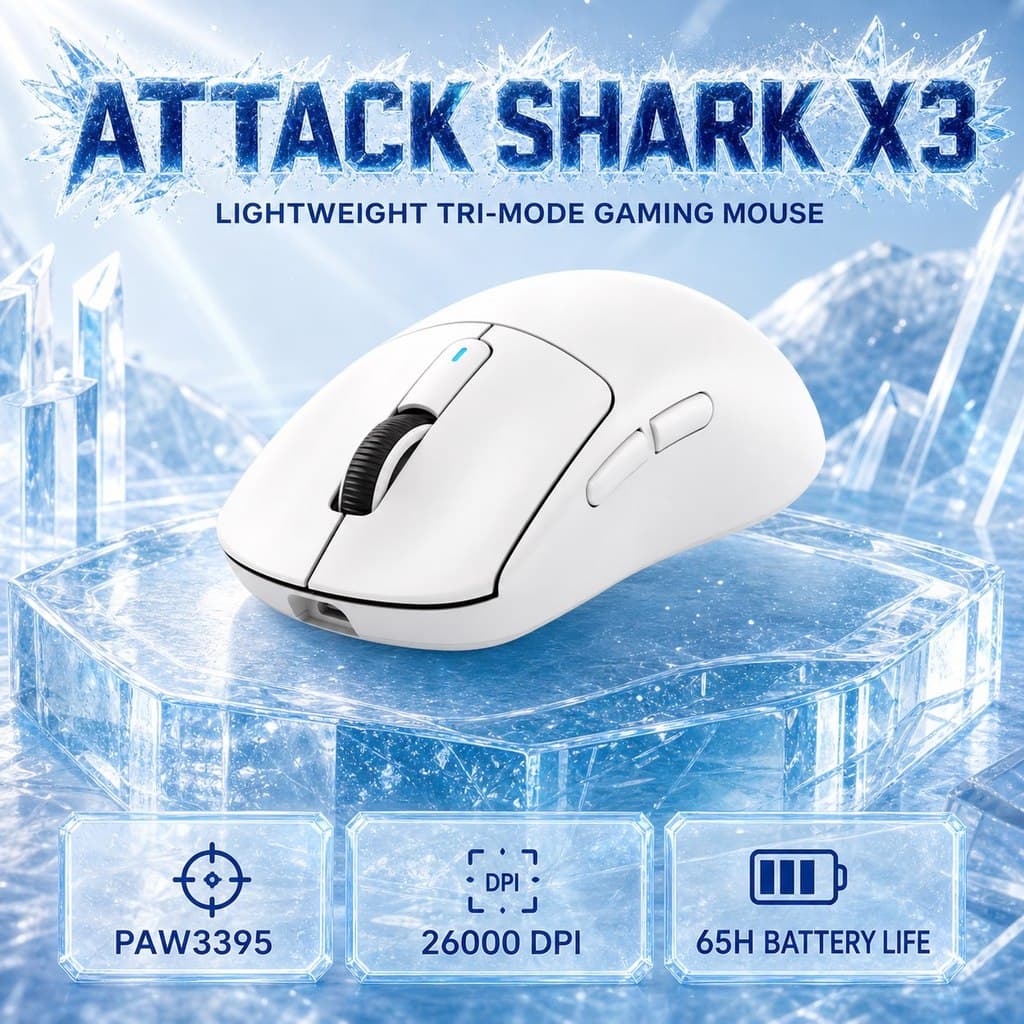 Mouse Para Jogos Sem Fio Tri-Mode Attack Shark X3 PAW3395 Sensor 26000DPI 650IPS 50G De Aceleração Kailh Black Mamba Swi