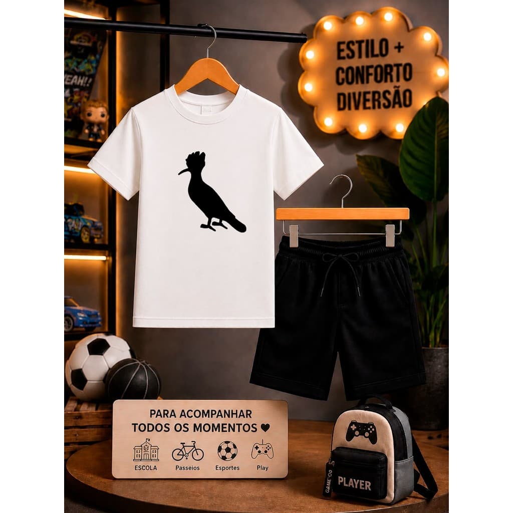 Conjunto Infantil Menino Camiseta e Bermuda Preta PASSARO PRETO Roupa Criança Masculino Verão