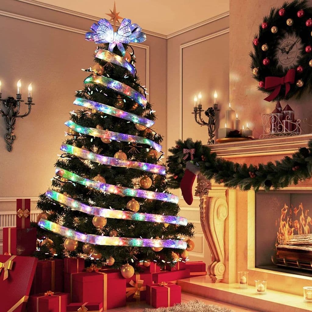 Fitas de luzes LED para decoração de árvore de Natal, luzes coloridas para atmosfera festiva, fitas de cetim com relevo