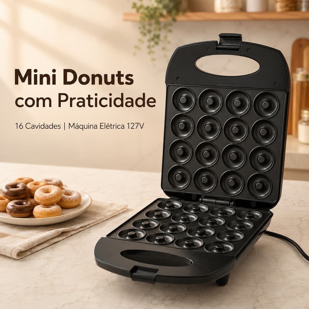 Máquina de Mini Donuts Elétrica 16 Cavidades Antiaderente Donuteira Compacta 110V Grande
