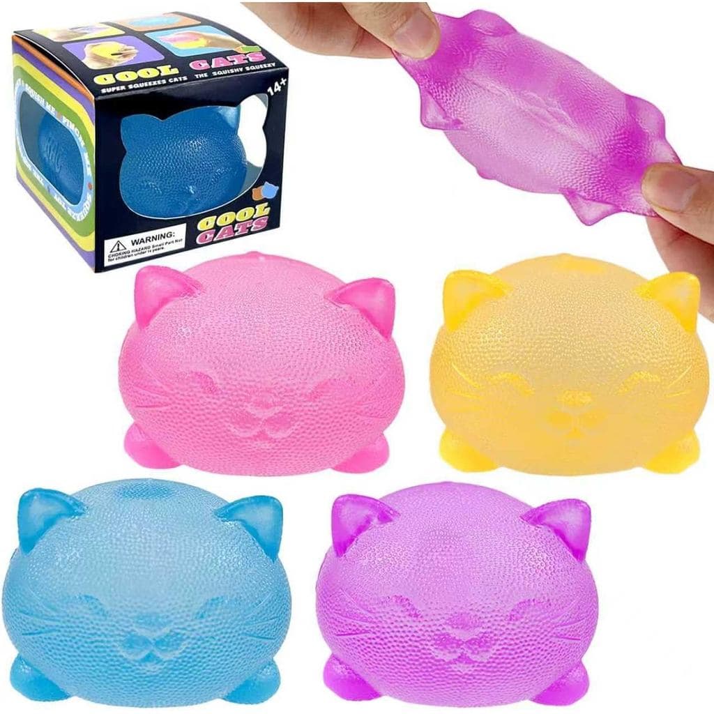 Pacote com 4 Brinquedos de Apertar em Formato de Gatinho de Goma e Bola de Açúcar, Brinquedos para Alívio da Ansiedade e