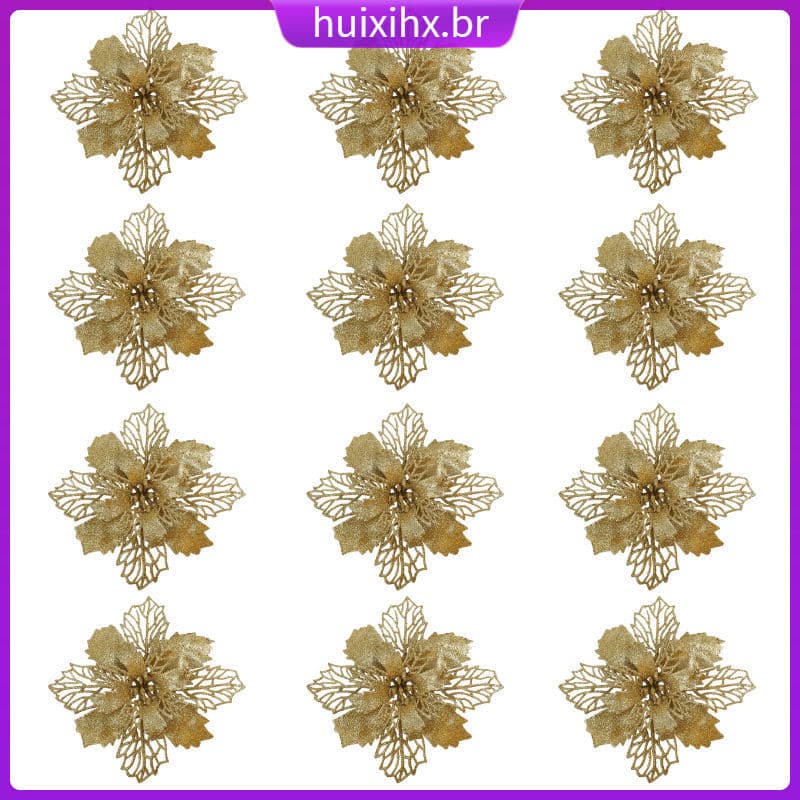 🎄 12 Pcs Poinsettia Artificiais para Decorações Natalinas com Glitter 6.29X6.29X0.20inch