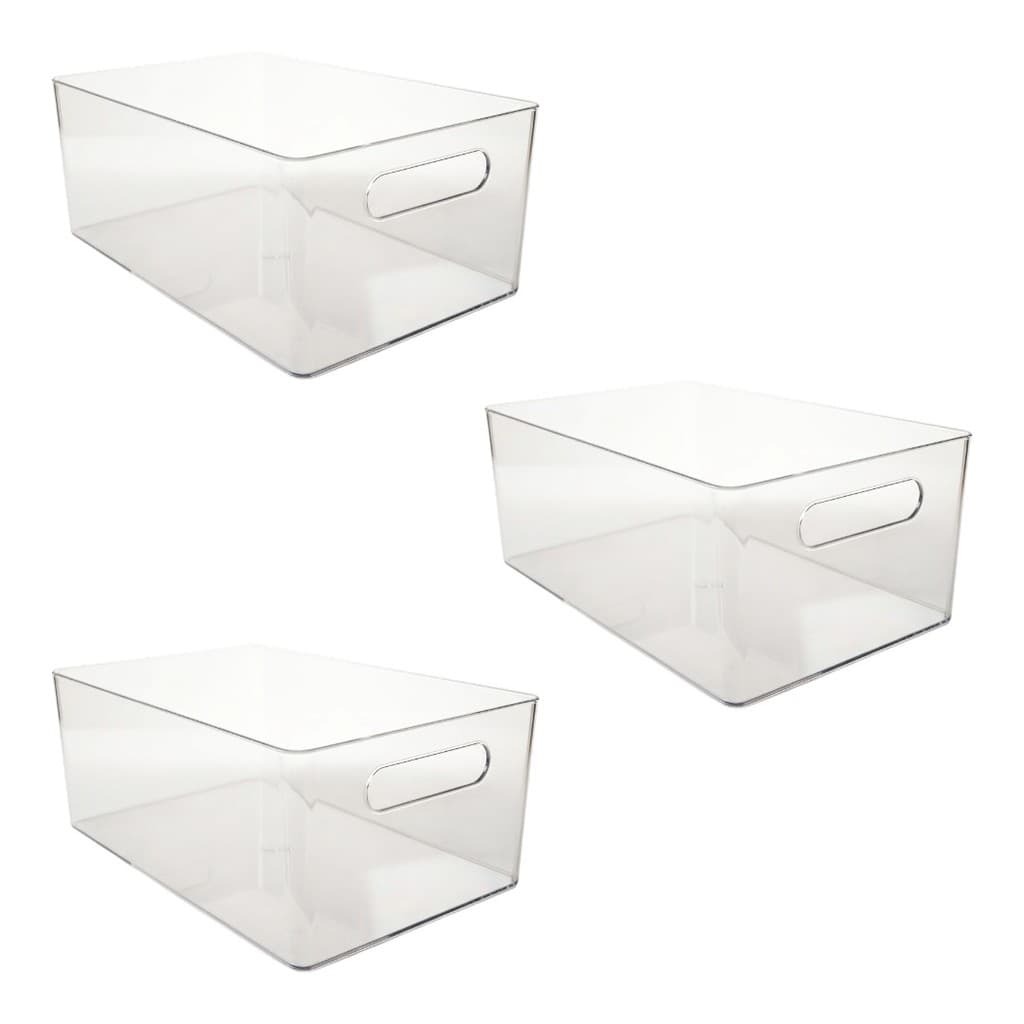 Kit 3 Caixas Organizadoras Transparentes Sem Tampa Com Alça Frontal 25,5cm Geladeira E Armário