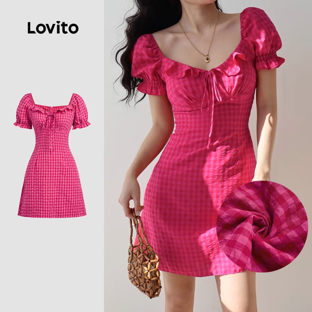 Lovito Xadrez Casual Vestido Liso Com Cadarço E Zíper Vestido De Verão/primavera Para Mulheres Bordado L133ED837