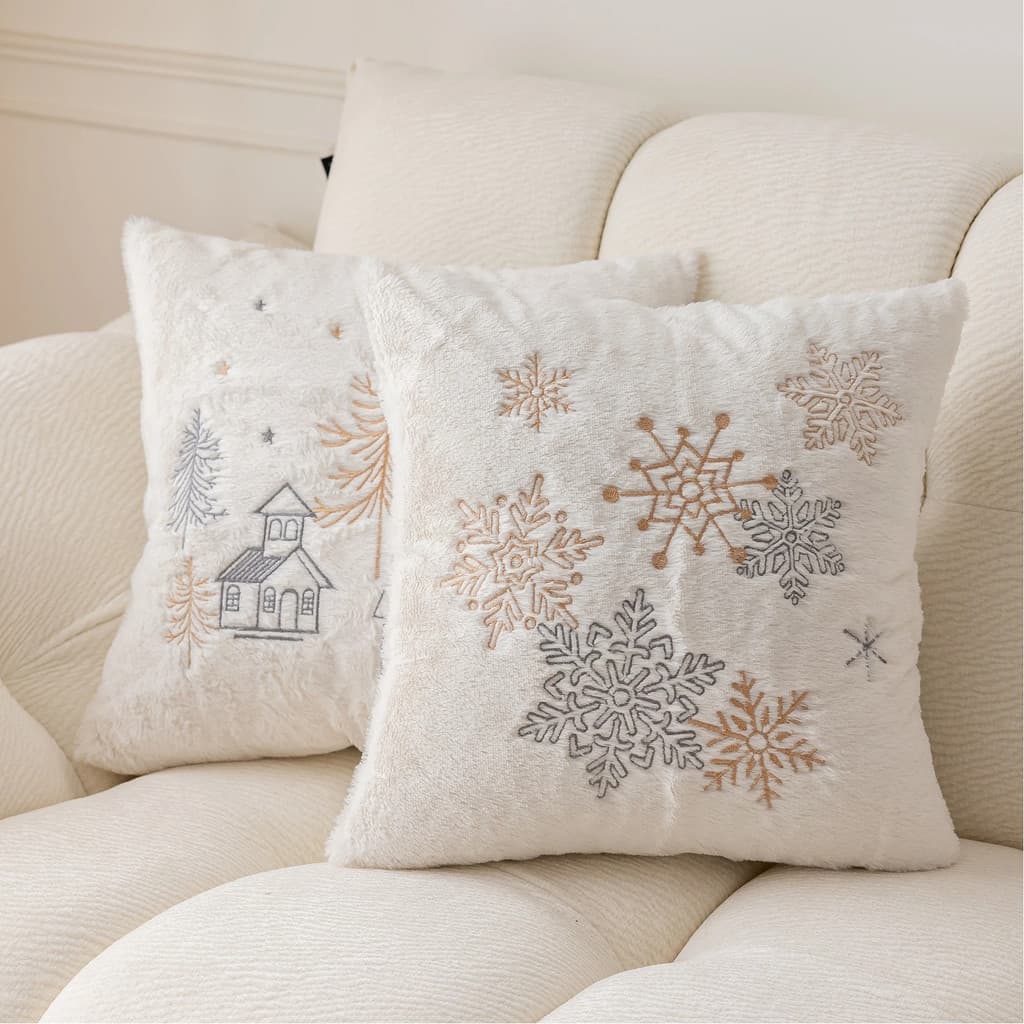 Capa De Almofada De Natal 45x45cm Capas Pele Sintética Brancas Fofas Com Flocos De Neve De Lantejoulas Douradas Almofada