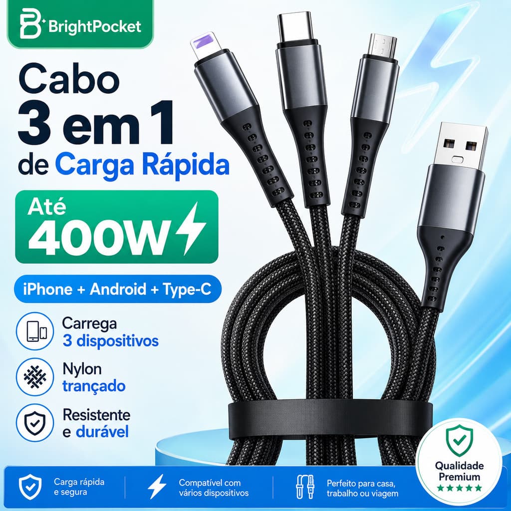 Cabo Carregador Universal 3 em 1 para iPhone Samsung Xiaomi 120W Turbo Tipo C Lightning Micro USB.