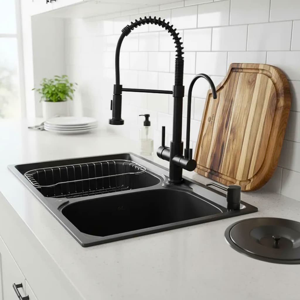 Cuba Dupla Inox PRETA + Torneira Para Filtro TÁBUA E LIXEIRA
