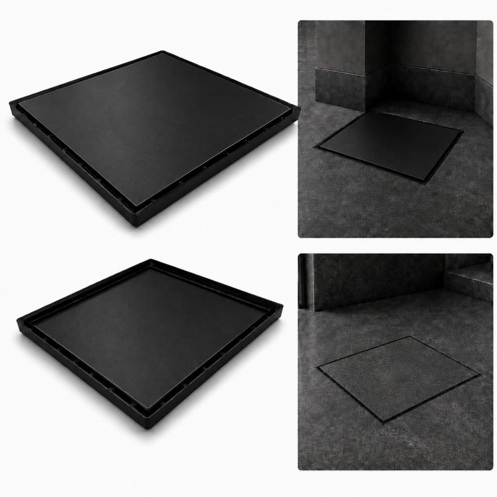 Ralo Oculto Aço Preto Fosco 30x30 com Coletor Saídas 75mm 100mm e 150mm com Tela