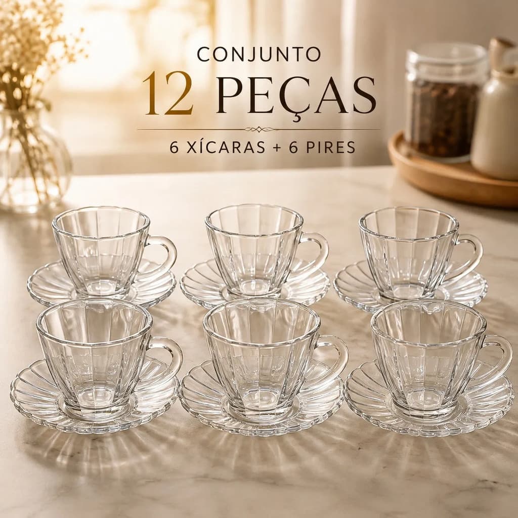 Conjunto Xícaras Café 80ml Lines 12 Peças Vidro Premium