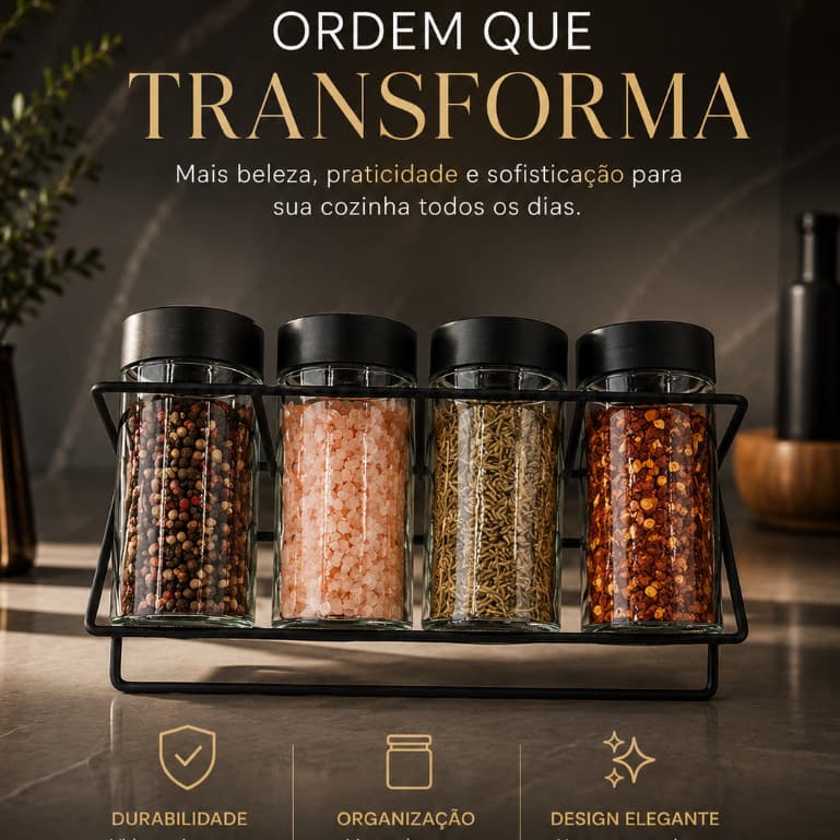 Porta Tempero Condimentos Vidro Suporte Aço Organizador Cozinha 4 Potes Horizontal Casa Tem