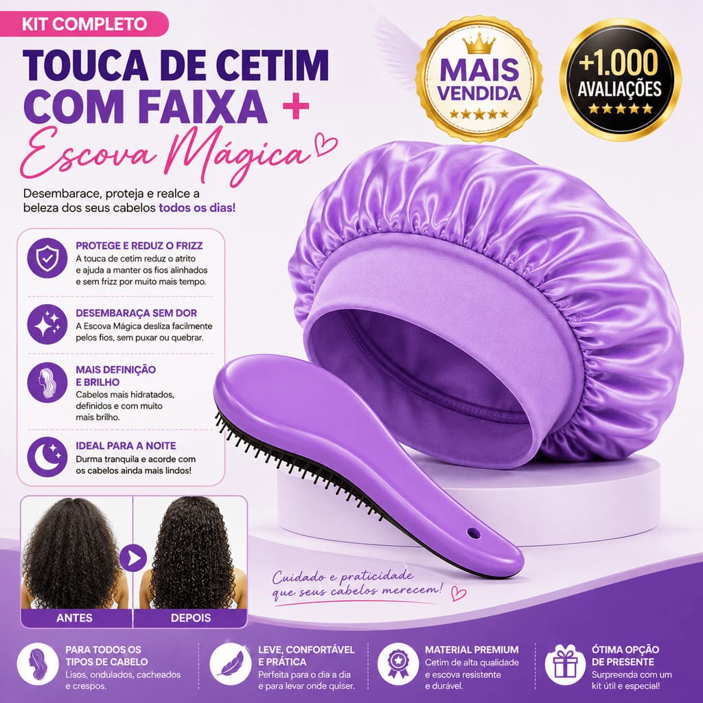 Kit Cabelo Perfeito Escova Mágica + Touca de Cetim com Faixa Para Finalização e Proteção