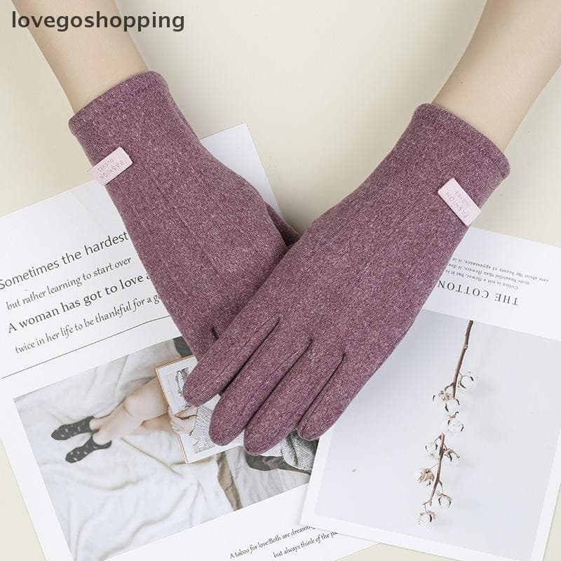 [lovego] Um par de luvas femininas de inverno, quentes, com tela sensível ao toque, elegantes e simples, em cashmere elá