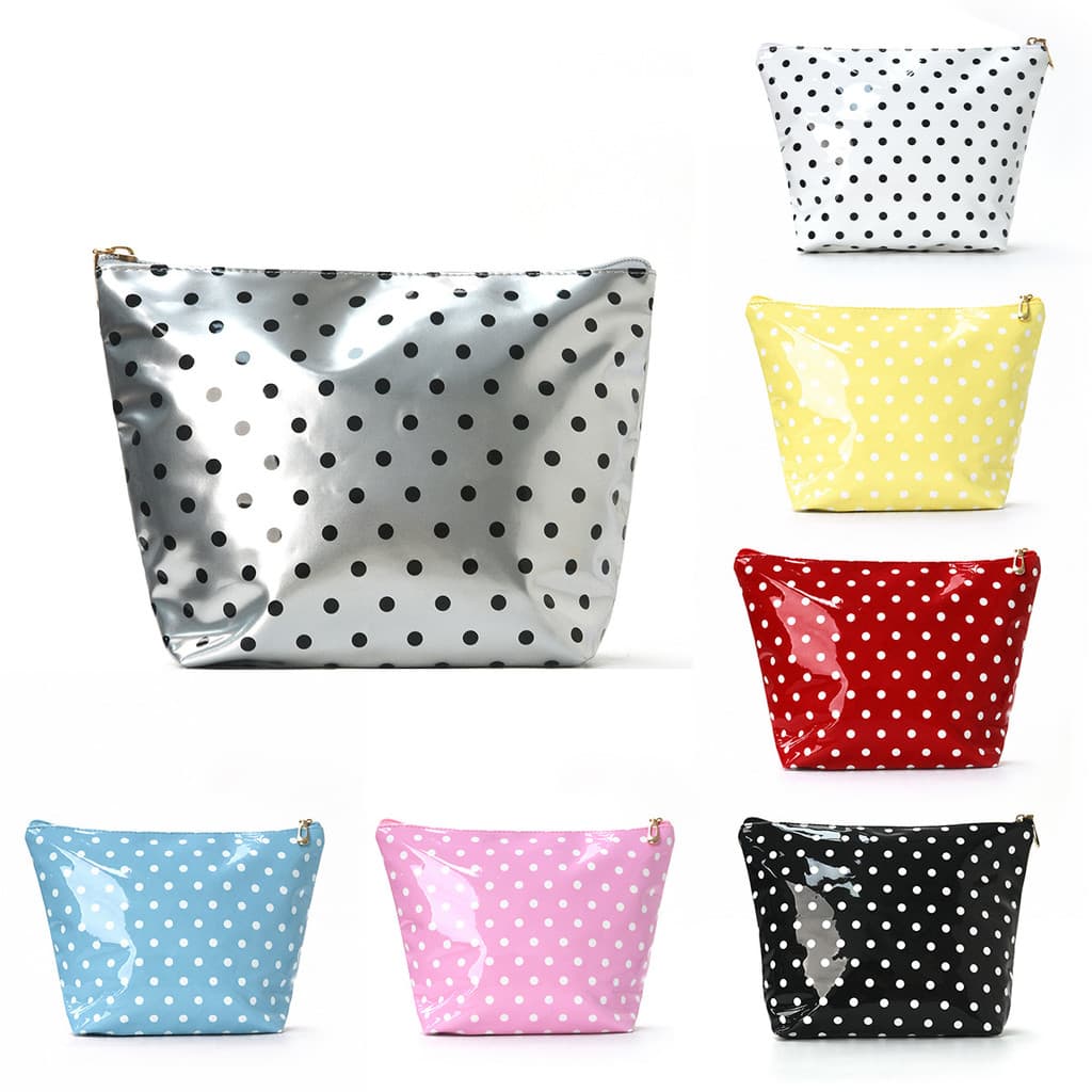 Bolsa cosmética PU de bolinhas brilhantes Bolsa de higiene pessoal Trapezoidal à prova d'água de grande capacidade Retro