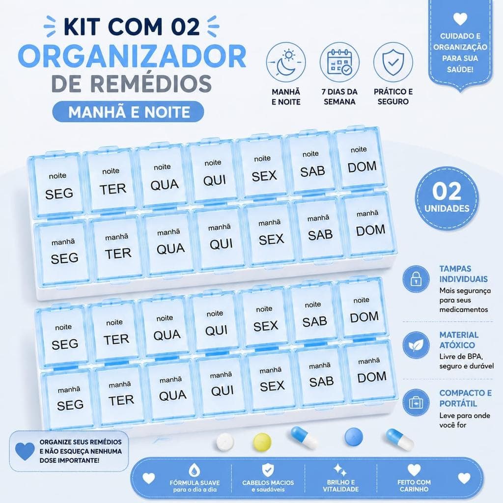 Kit com 2 Organizadores de Remédios Semanal Manhã e Noite Azul - 7 Divisórias, Compacto e Leve