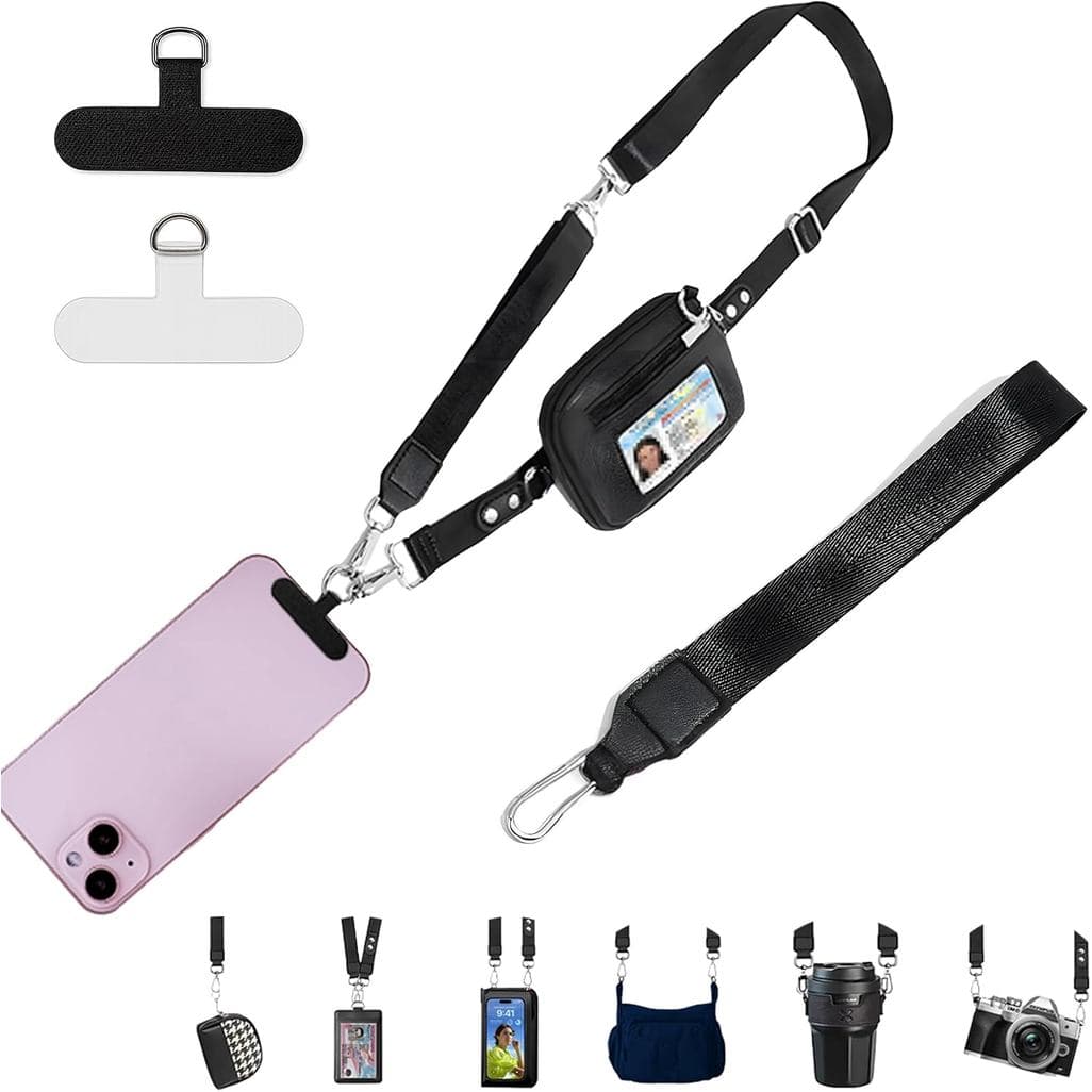 Alça para Telefone Clip and Go com Carteira Antifurto, Cordão para Celular com Alças Transversais, Carteira de Pulso Des