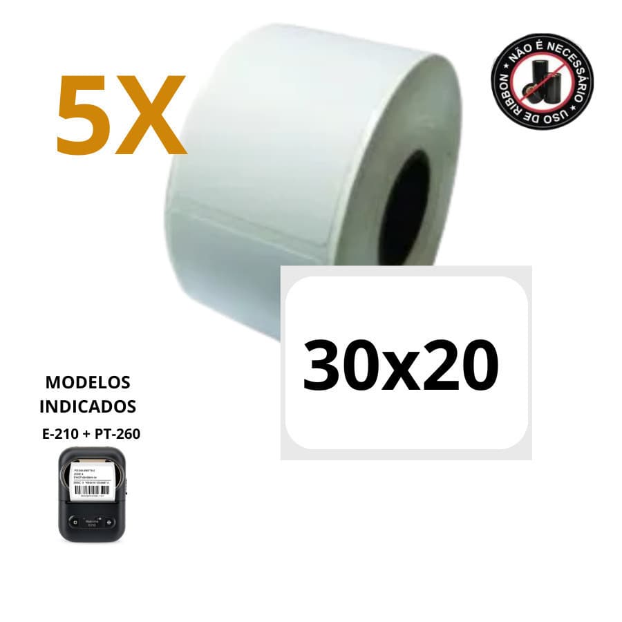 Etiqueta 30x20 P/ Mini Impressora | E210 | Pt260 - 5 Rolos