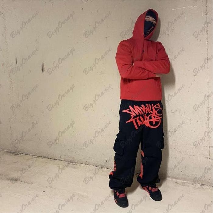 Calças hip hop soltas com estampa 2023, moda streetwear kuzi, calças hip hop com vários bolsos, calças cargo carrot Y2k