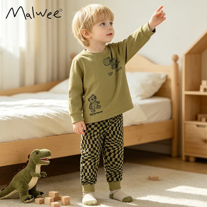 Novo conjunto Malwee para meninos, confortável e respirável, gola redonda, estampado, casual para uso diário no outono.