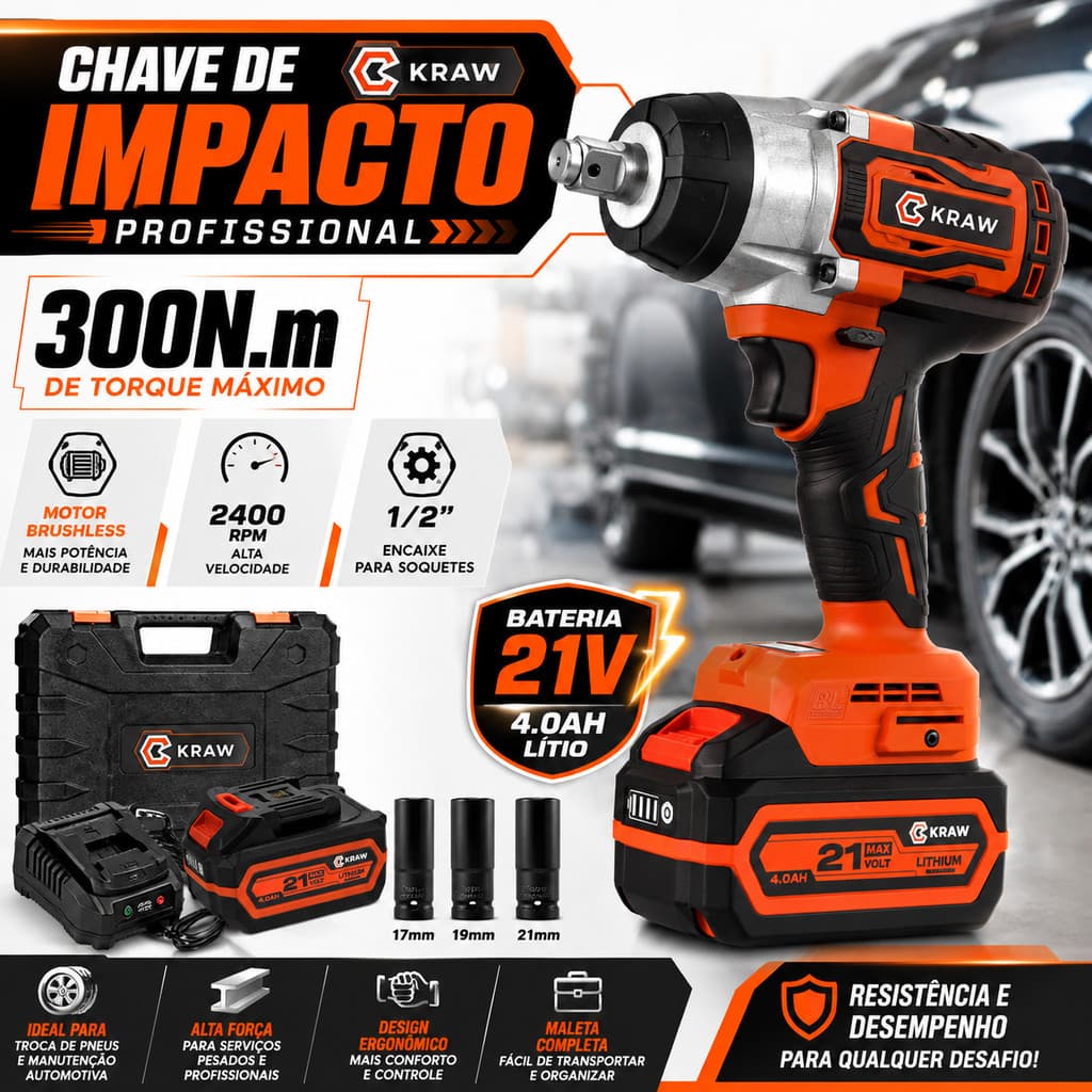 Chave de Impacto 21V 300Nm 1/2 Brushless Chave de Roda Bateria 4Ah Maleta Soquetes KRAW RB-21/300PBL