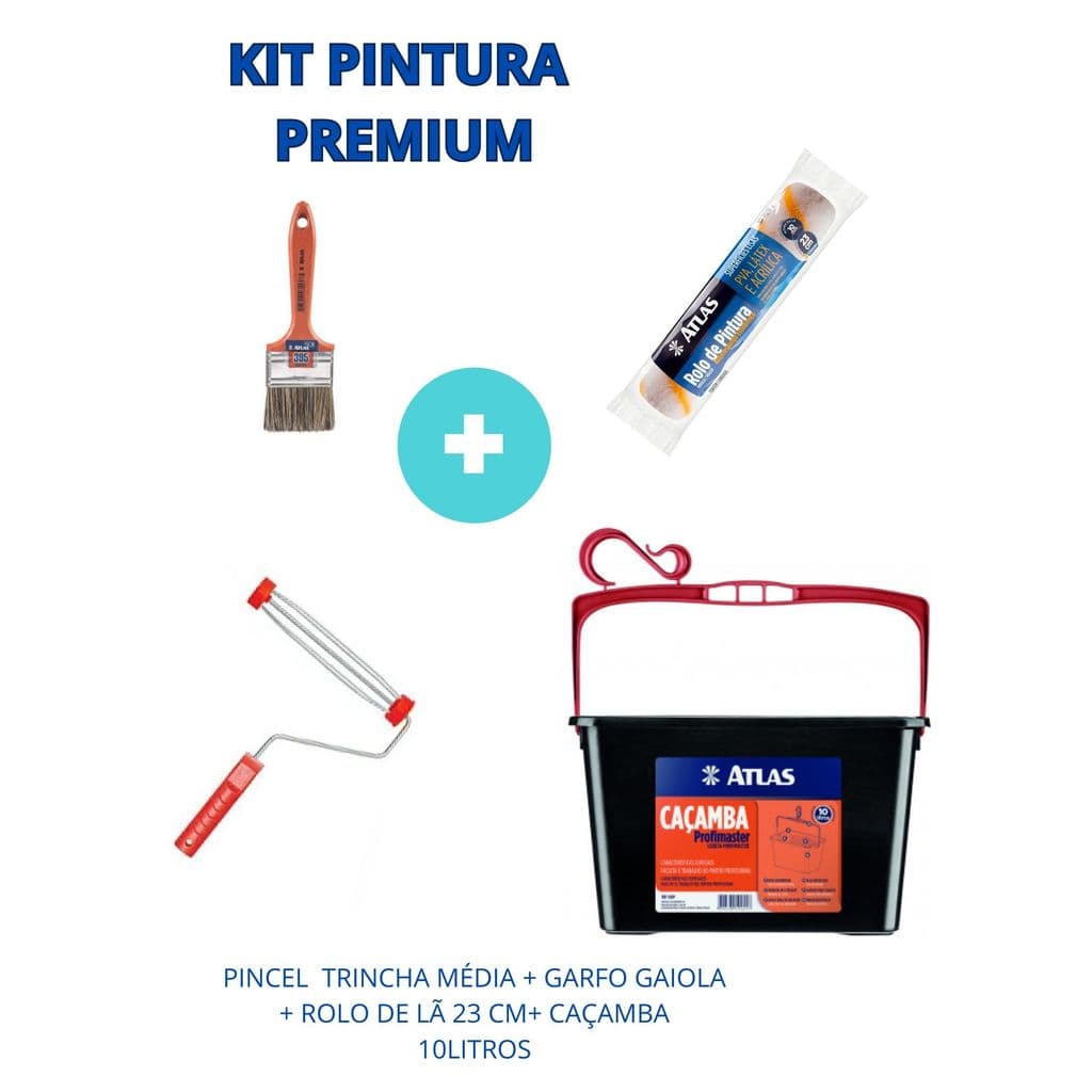KIT PINTURA  PREMIUM (PINCEL TRINCHA MÉDIA/GARFO GAIOLA/ROLO DE LÃ 23 CM/CAÇAMBA 10L)