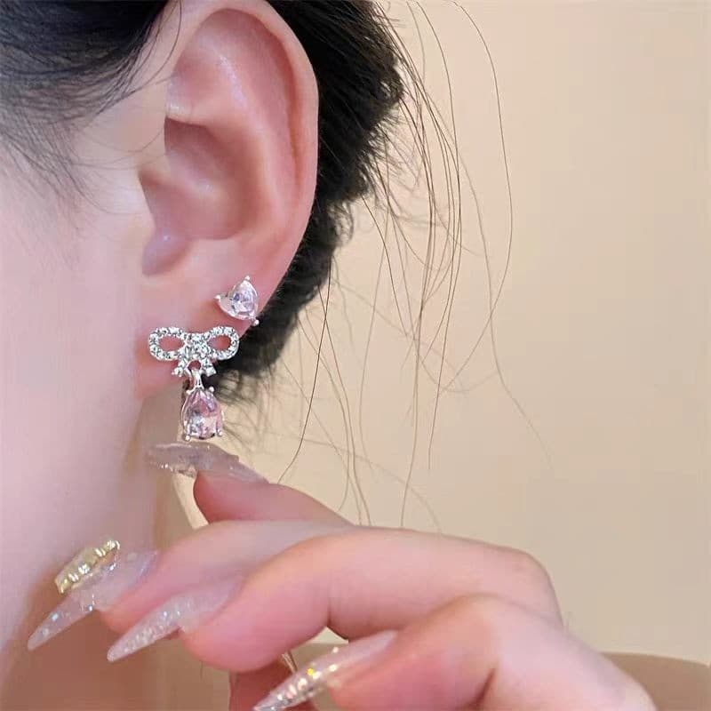 Delicado high-end Rosa Coração Zircão bowknot Cartilagem studs multi-Buraco Pequeno Brinco Conjunto Estilo Versátil