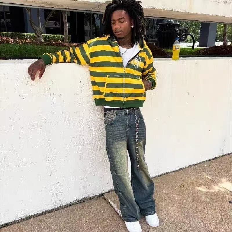 Casual Amarelo Verde Listrado Zíper Hoodie Americano Streetwear Retro Campus Estilo Esportivo Rebite Decoração Topo