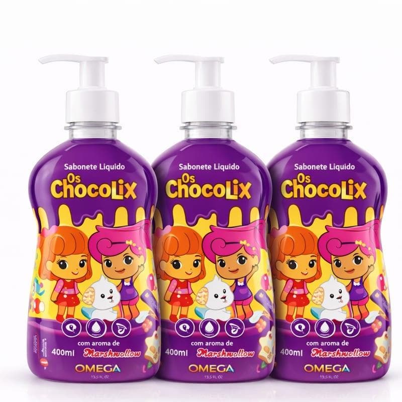 Kit 3un Sabonete Líquido Chocolix Marshmallow Omega Kids 400ml - Infantil, Hipoalergênico e Dermatologicamente Testado