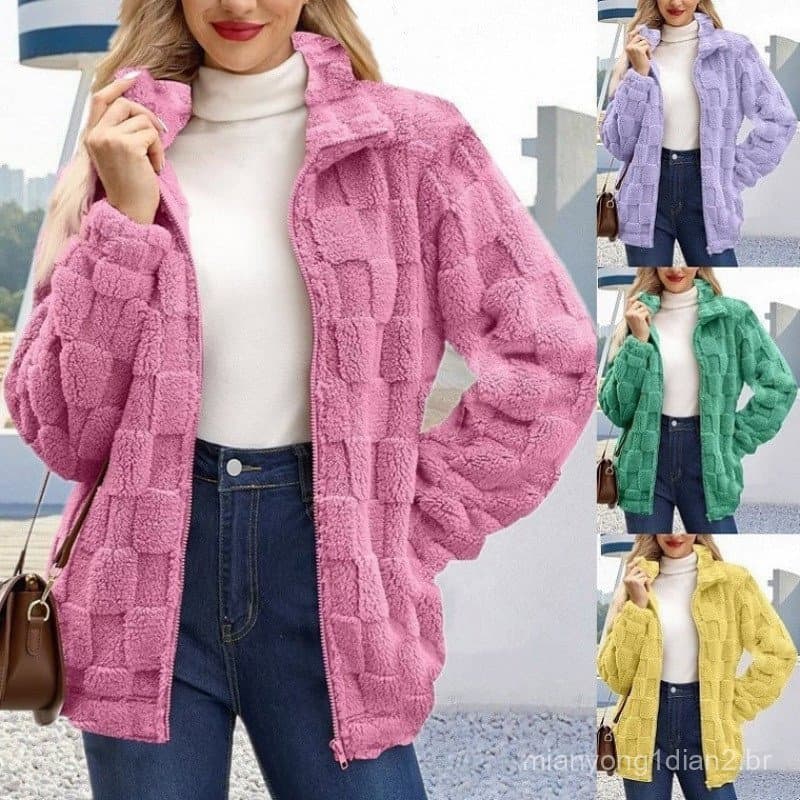 2026 outono inverno novo estilo europeu americano Cross-Border Cardigan feminino zíper gola alta solta Jacquard xadrez