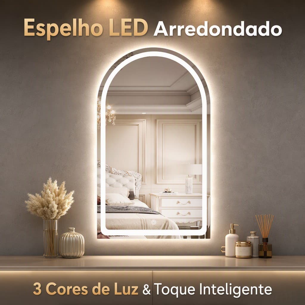 Espelho Arqueado LED 60*80cm Comando Toque Três Cores de Luz Espelho Decorativo Luxo para Banheiro Quarto e Penteadeira