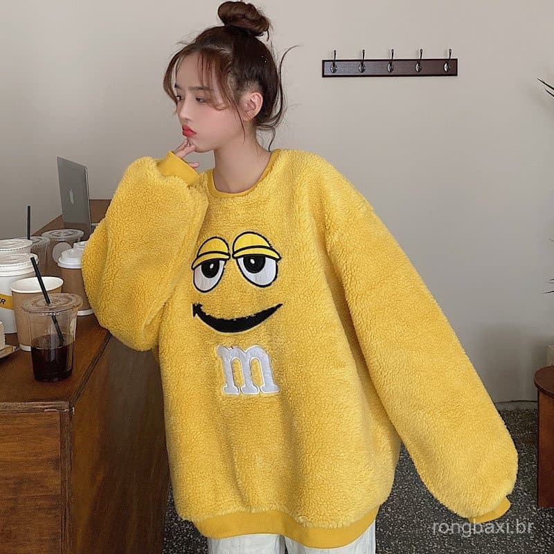 Lã de cordeiro ulzzang moletom feminino inverno solto versão coreana estilo preguiçoso bf forro de lã engrossado linha d