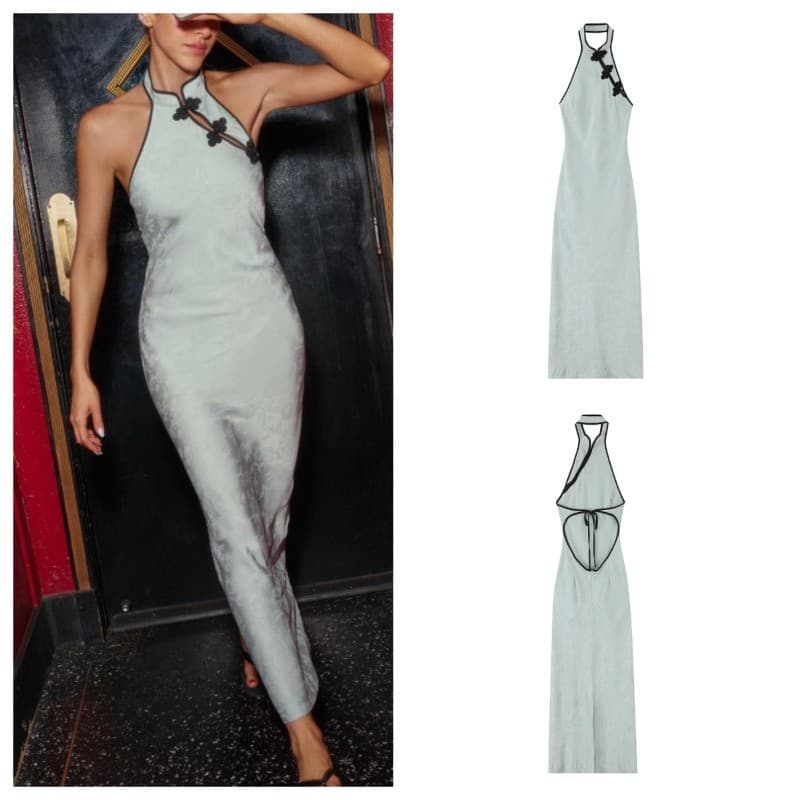 Vestido ZA com Decote Halter, Gola com Fivela Jacquard e Detalhe em Leque 4772373