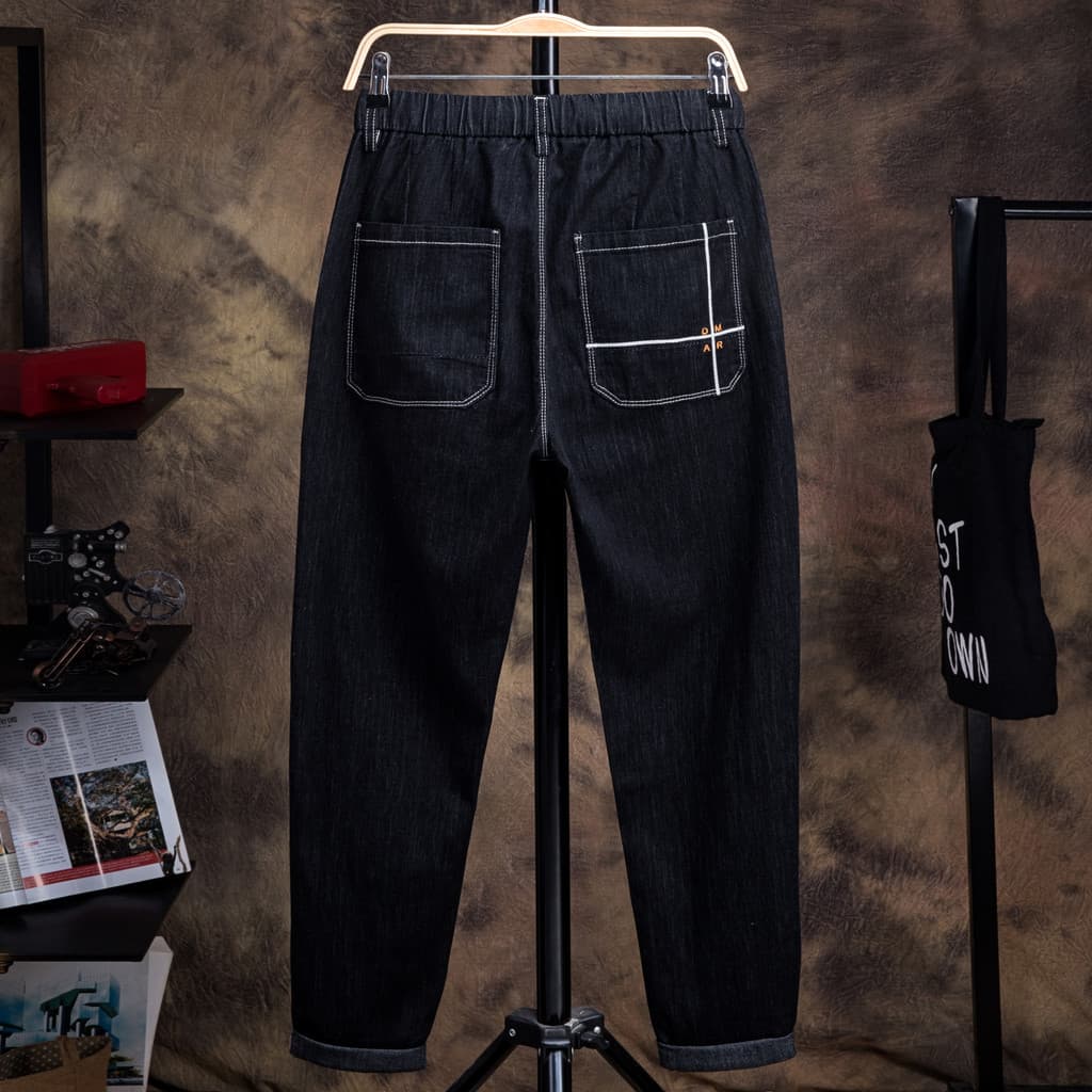 Tamanho grande cordão Jeans masculino solto em linha reta elástico na moda gordo mais gordura Extra grande calças de cin