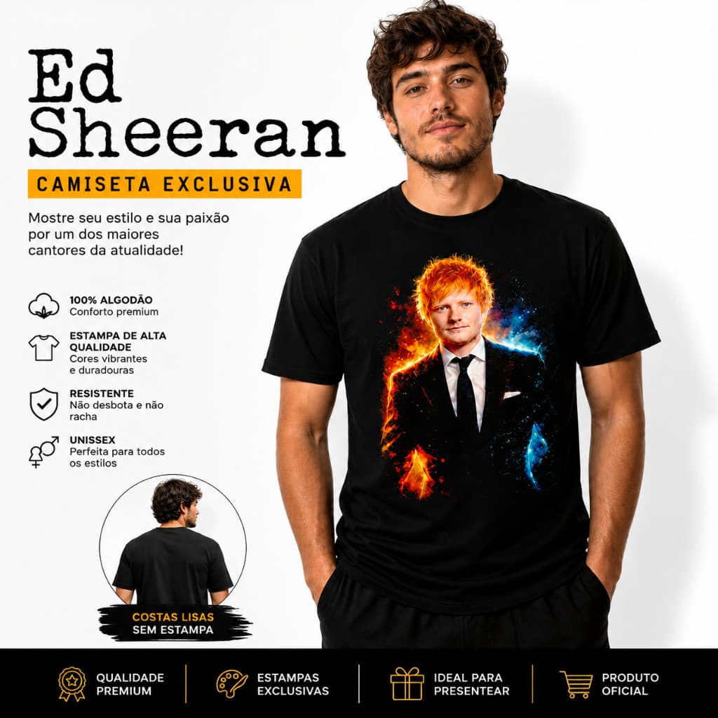 Camiseta Ed Sheeran | Masculina Feminina Unissex  | 100% Algodão | Estampa Premium Música Rock Pop | Adulto e Infantil