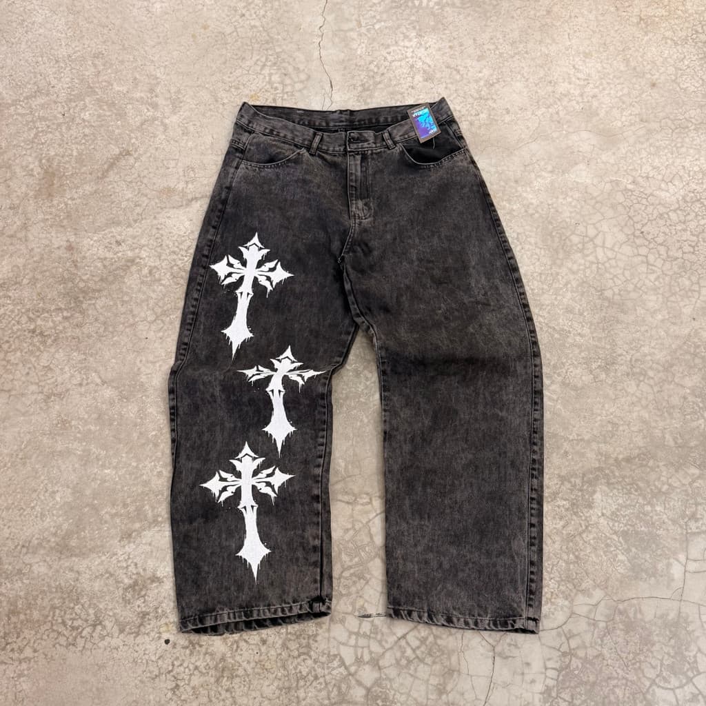 Calça Jeans Masculina Balão Baggy Streetwear Casual Estiloso Com Cruz Chave Diferenciada Estilosa