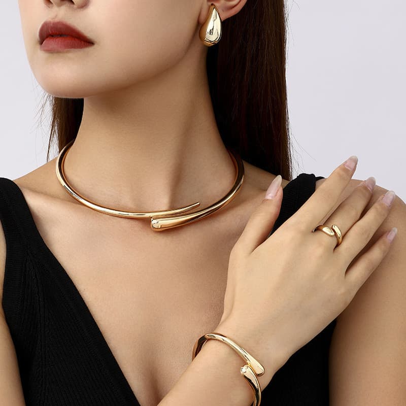 Simples temperamento de Metal pesado anel geométrico brilhante gota de água colar pulseira brinco conjunto