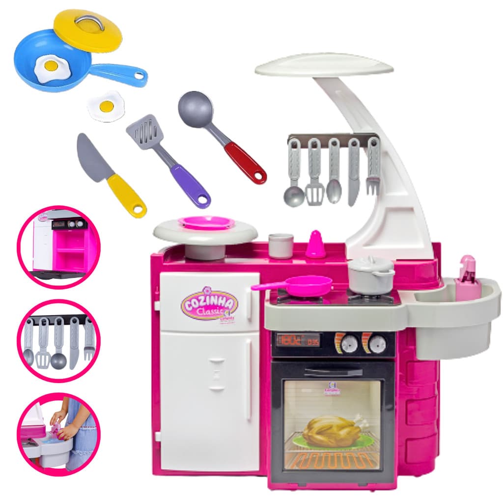 Cozinha Infantil Cotiplás Classic Rosa Sai Água Plástico Com Frigideira