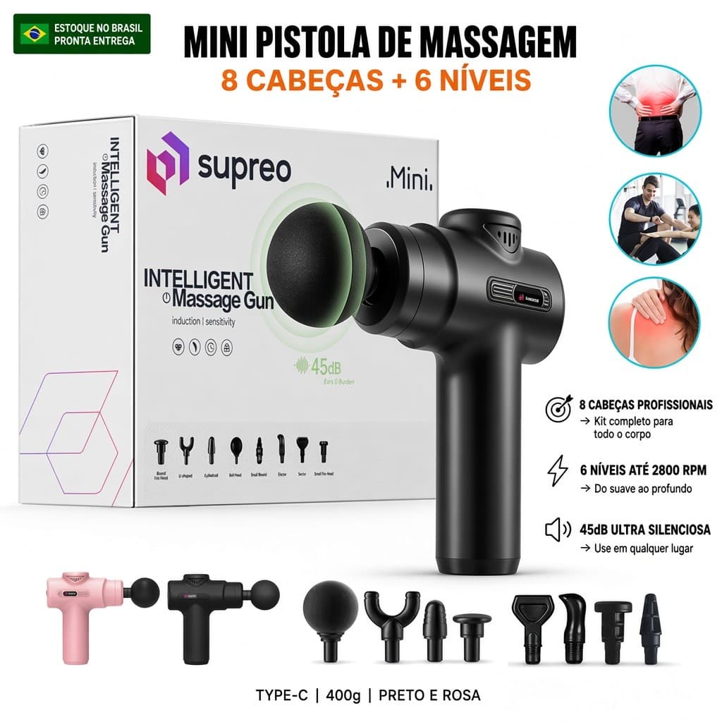 Mini Massageador Eletrico Portatil Supreo Pistola De Massagem Muscular 6 Niveis 8 Cabecas Recarregabel Type-C