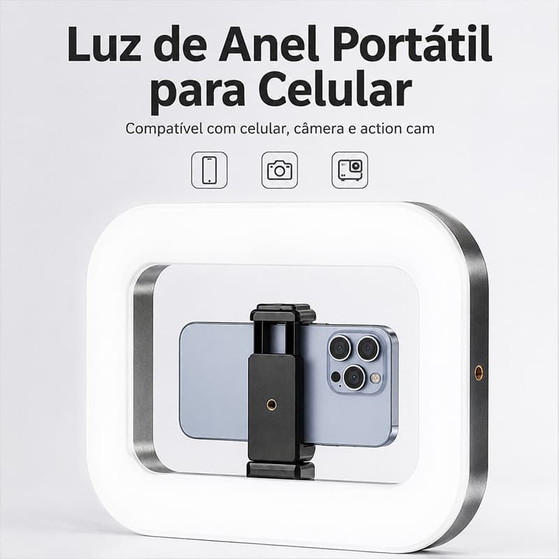 Ring Light Manual Com Clipe Celular Luminária Led Recarregável Iluminador Para Selfie Fotografia