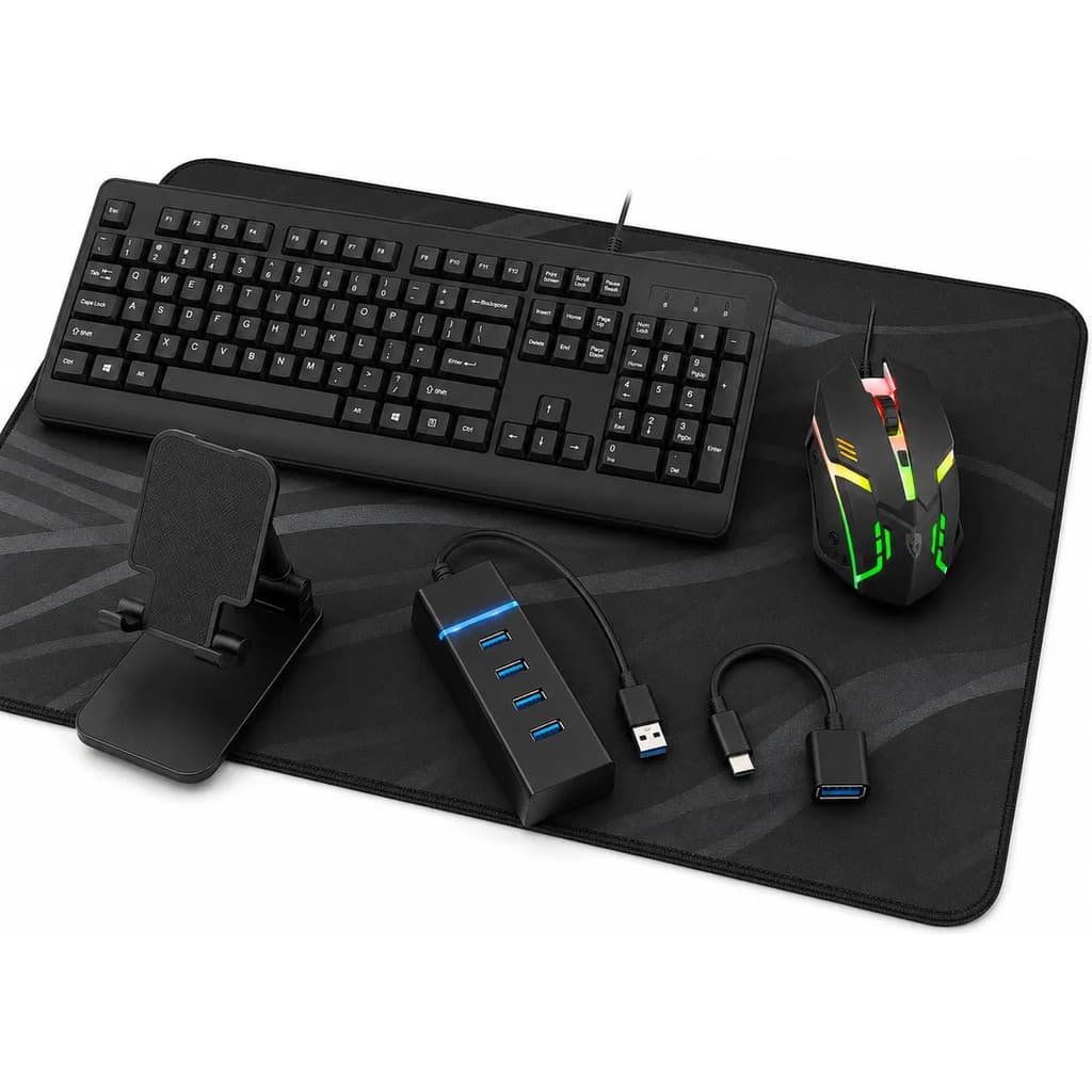 Kit Mobilador Para Celular Teclado Mouse Gamer Mousepad 90x40 Hub USB OTG Tipo C Suporte